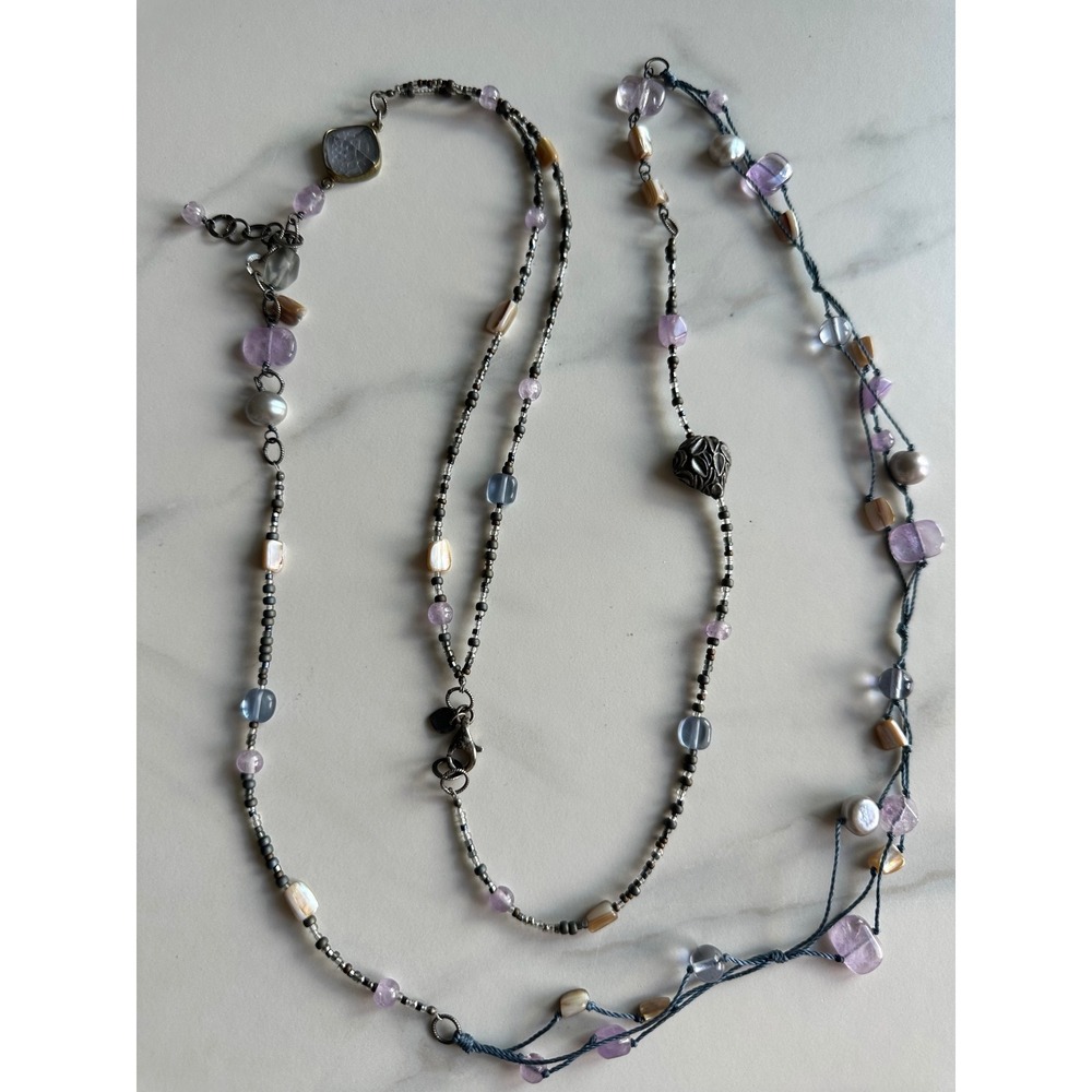 Silpada Sterling Silver 925 Amethyst Pearl Shell Mixed Media Long Necklace Boho